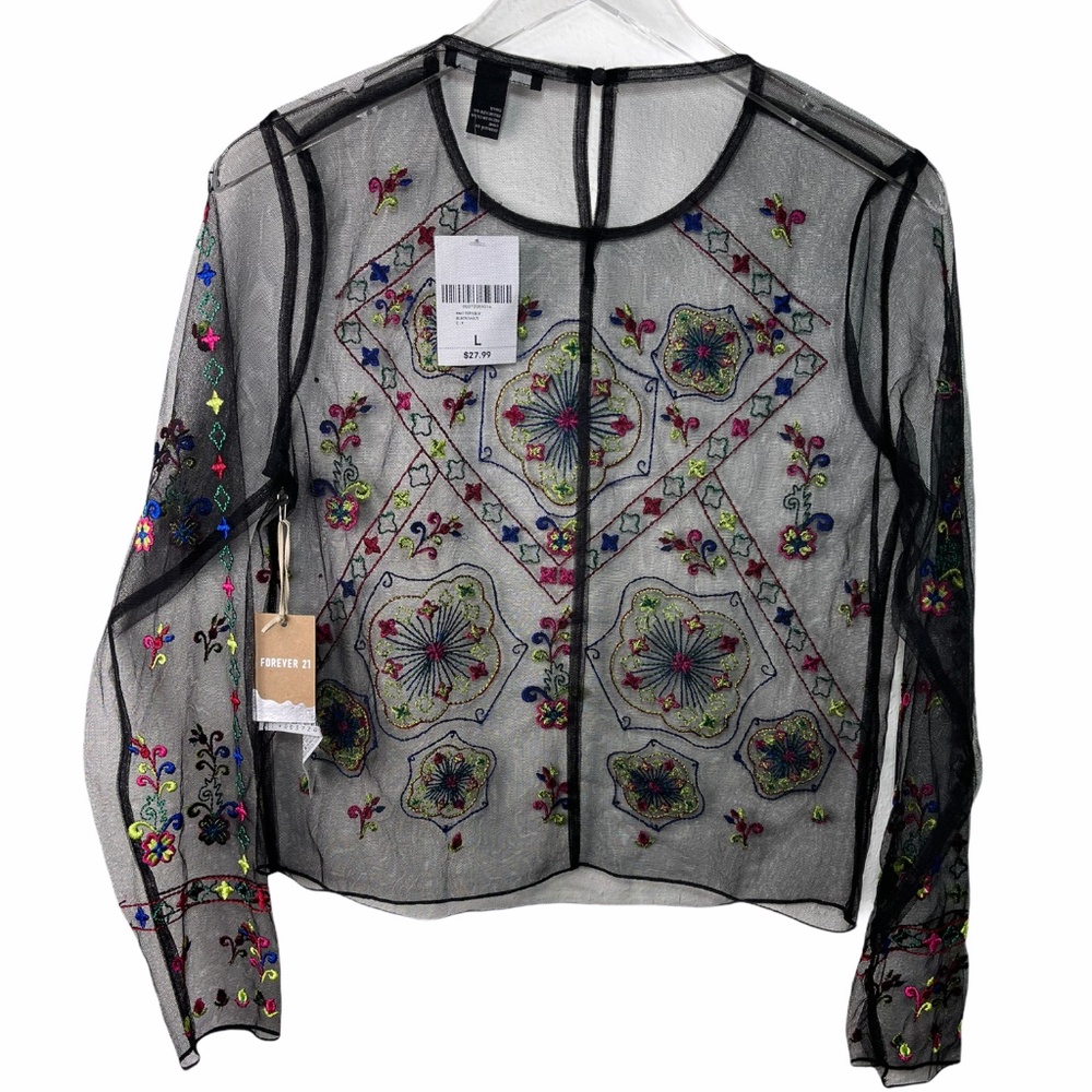 NWT Forever 21 Black Mesh Top Embroidered floral L